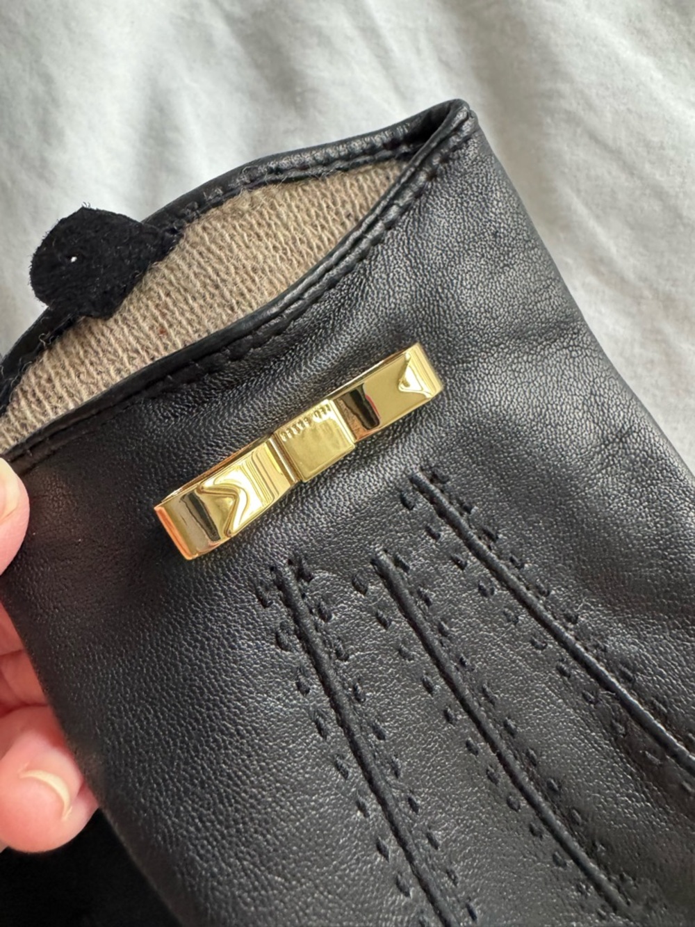 Ted Baker Black Leather Gloves with Gold Bow Accent